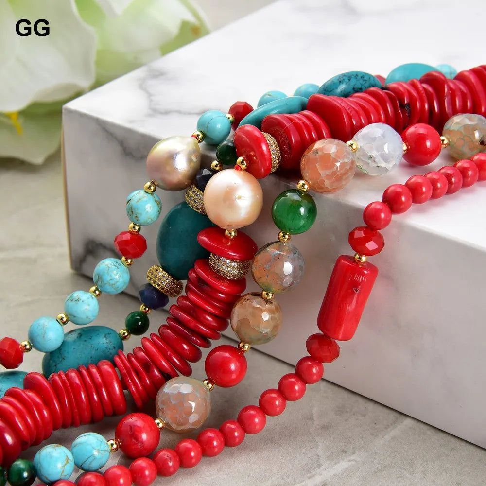 KIMLUD, GuaiGuai Jewelry 8" 5 Strands Natural Pearl Blue Turquoise Coral Gems Coral Stone Lapis Crystal Bracelet, KIMLUD Womens Clothes