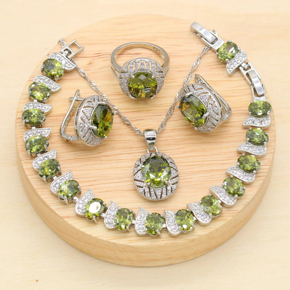 925 Sterling Silver Luxury Popular Olive Green Stones Cubic Zirconia Jewelry Sets For Women Earrings Pendant Necklace Bracelet - KIMLUD