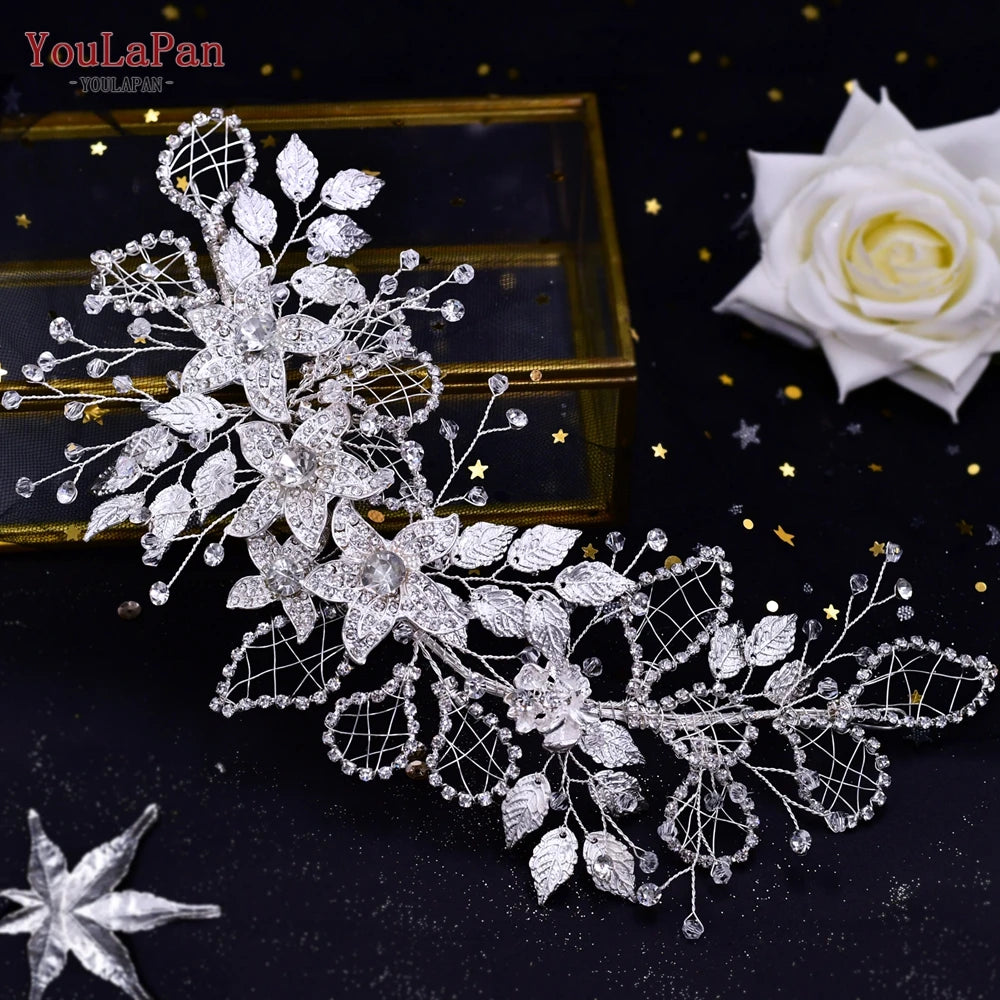 YouLaPan HP282 Wedding Headband Alloy Flower Leaf Hair Tiara Rhinestone Headpiece Bridal Headwear Hair Accessories Head Jewelry