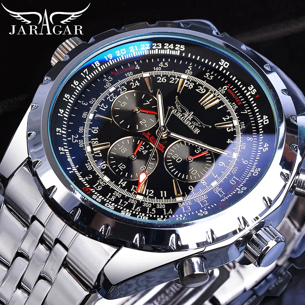 Jaragar Blue Glass Design Black Silver Automatic Watch Stainless Steel Date Clock Luminous Men Business Mechanical Wristwatch - KIMLUD