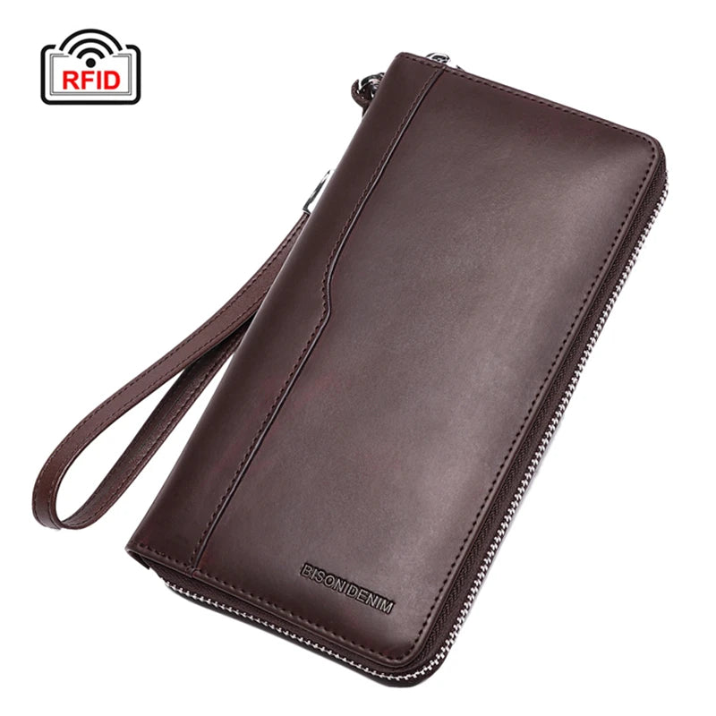 BISON DENIM Genuine leather Wallet Men Zipper Coin Pocket Long Purse Male Passport Cover RFID Blocking Card Holder Wallet