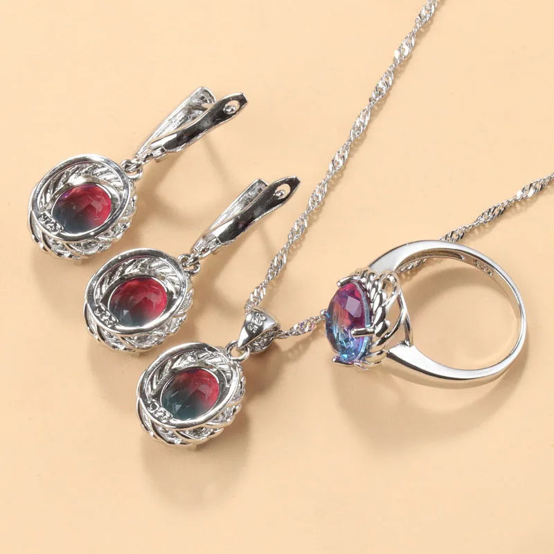 13-Colors Stone 925 Silver Bridal Jewelry Sets Wedding Ring Costume Earrings Pendant Chain Necklace For Women Christmas Gift - KIMLUD