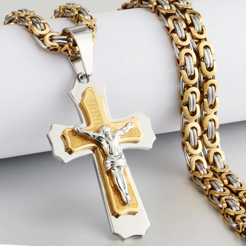 Religious Men Stainless Steel Crucifix Cross Pendant Necklace Heavy Byzantine Chain Necklaces Jesus Christ Holy Jewelry Gifts