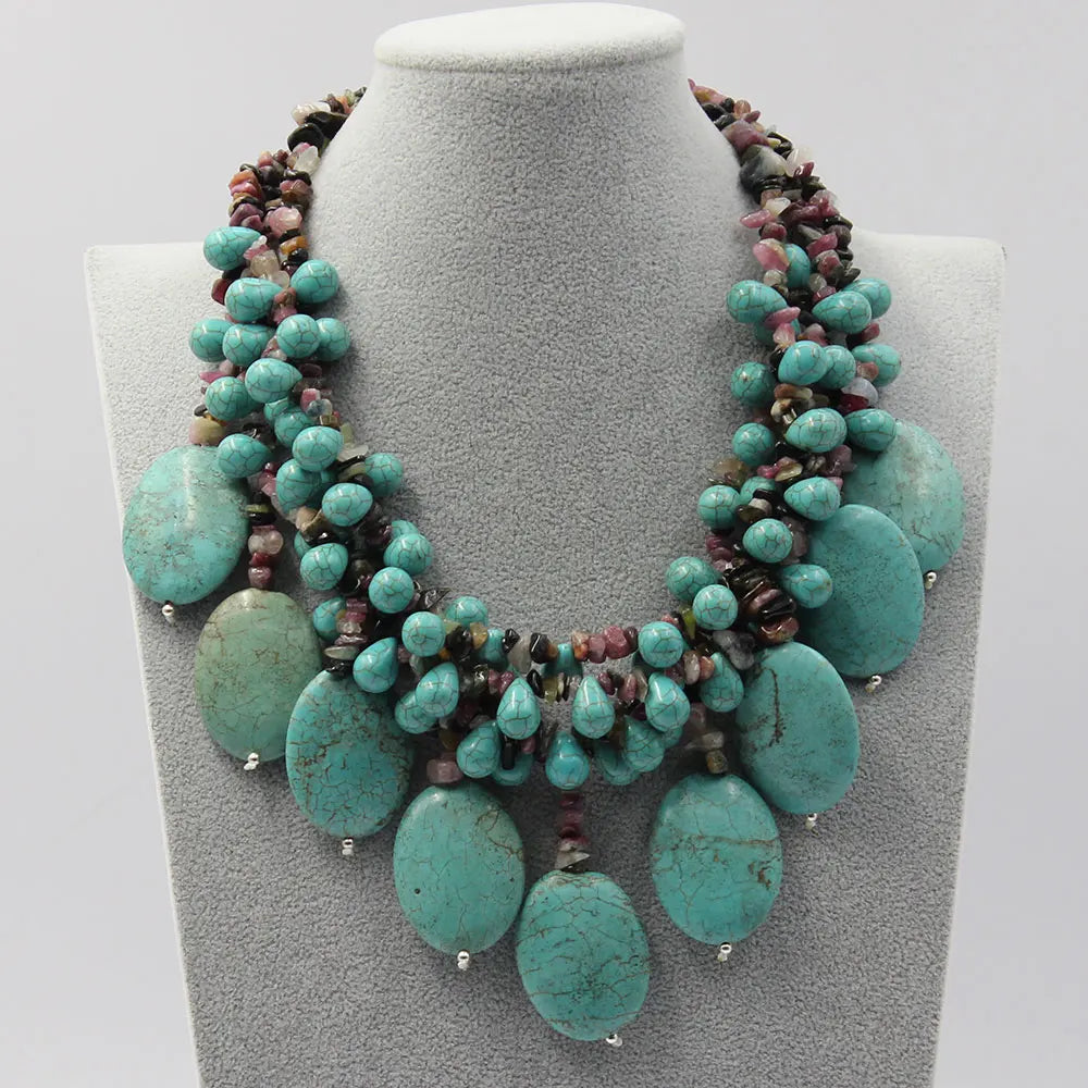 GG 4 Strands Multi color Tourmaline Green Turquoise Fringe Necklace Handmade For Women - KIMLUD