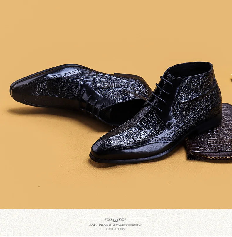 Men Genuine Cow Leather Crocodile Winter Texture Ankle Chelsea Boots Brogue Flat Lace Up Dress Shoes 2020