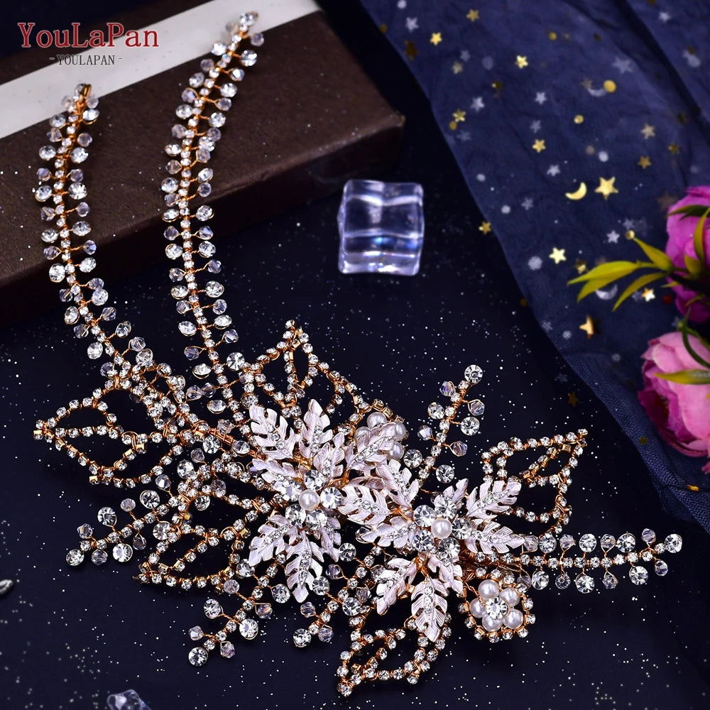 KIMLUD, TOPQUEEN HP254 Bridal Side Clip Wedding Tiara Bridal Hairpins Handmade Rhinestone Women Headwear Alloy Flower Bride Headdress, HP254-G, KIMLUD APPAREL - Womens Clothes