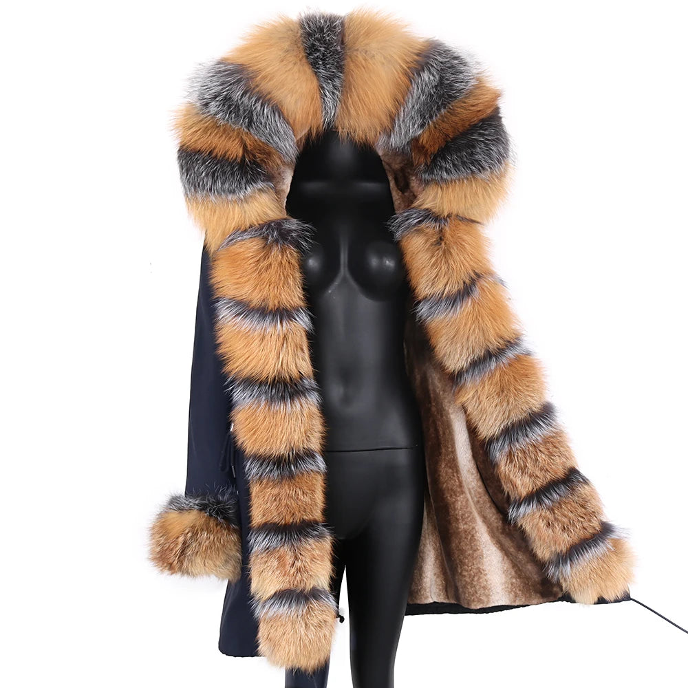 2023 Natural Real Fox Fur Jacke Coat Real Fox Fur Collar Cuff Hooded Coat Short Parka Long Camouflage winter jacket