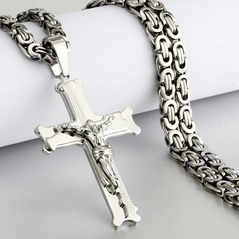 Religious Men Stainless Steel Crucifix Cross Pendant Necklace Heavy Byzantine Chain Necklaces Jesus Christ Holy Jewelry Gifts