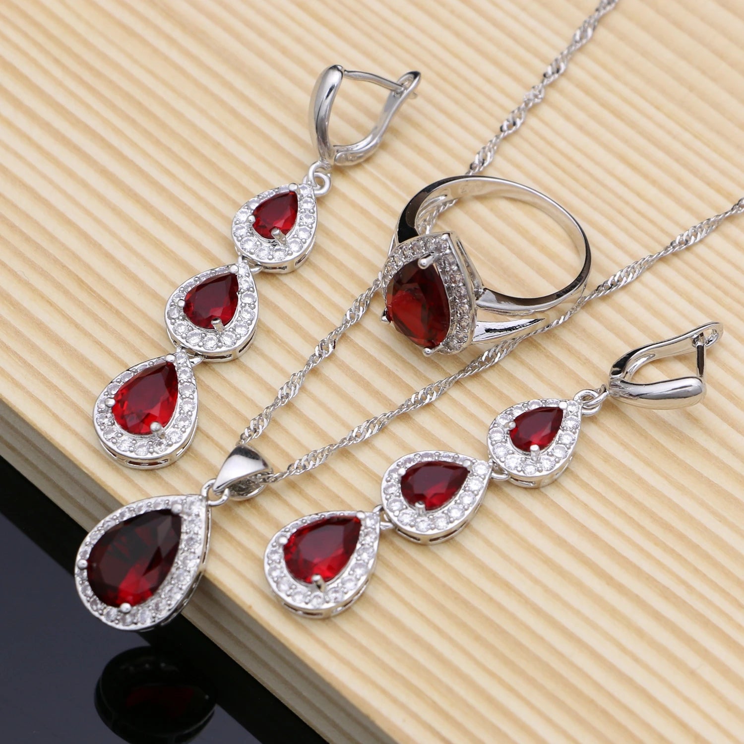 Water Drop Silver 925 Jewelry Red Ruby White Topaz Jewelry Sets Women Long Earrings/Pendant/Necklace/Rings/Bracelet Dropshipping - KIMLUD