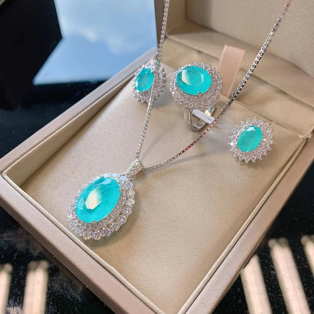 KIMLUD, Vintage 100% Solid 925 Sterling Silver Paraiba Tourmaline Gesmtone Pendant/Necklace/Earrings/Ring Fine Jewelry Set for Women, KIMLUD Womens Clothes