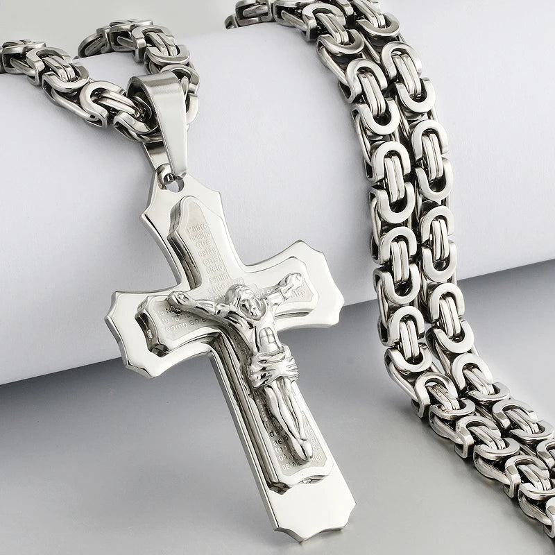 Religious Men Stainless Steel Crucifix Cross Pendant Necklace Heavy Byzantine Chain Necklaces Jesus Christ Holy Jewelry Gifts