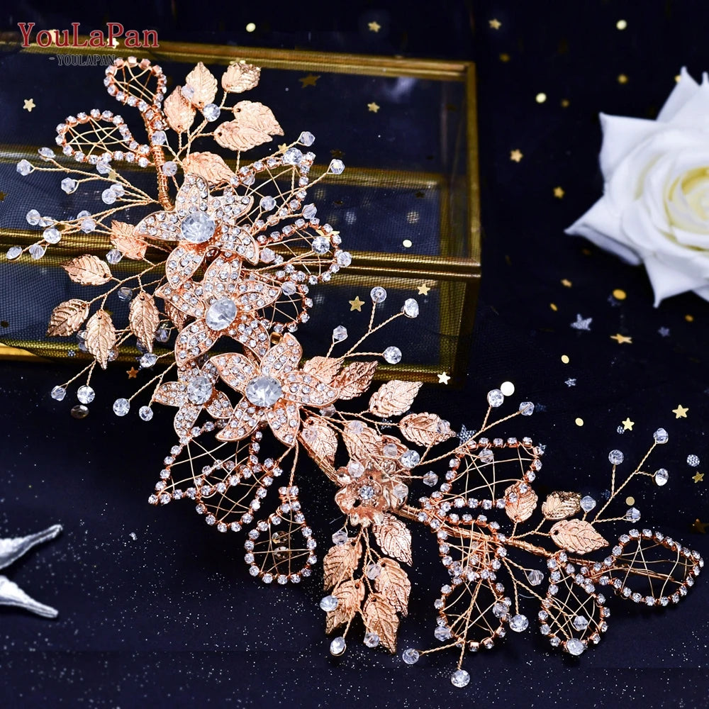 YouLaPan HP282 Wedding Headband Alloy Flower Leaf Hair Tiara Rhinestone Headpiece Bridal Headwear Hair Accessories Head Jewelry