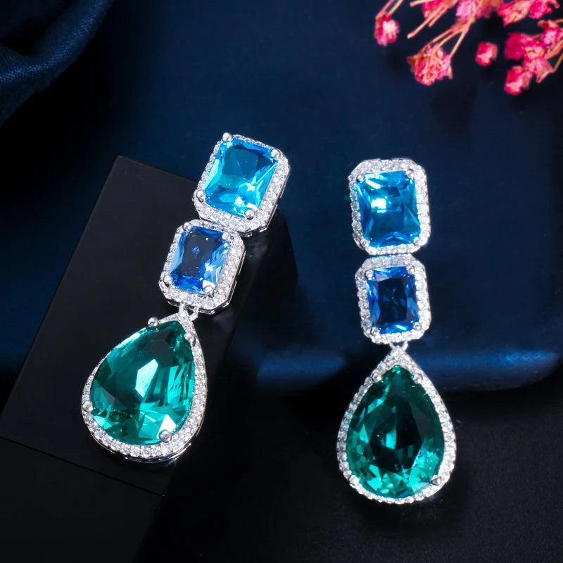 CWWZircons Unique Designer Big Long Water Drop Blue Crystal Cubic Zirconia Bohemian Earrings Jewelry Accessories for Women CZ729