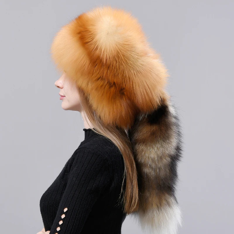 Natural Fox Fur Russian Hat Ushanka Women Winter Warm Fluffy Popular Style Female Tail Cap Fashion Real Fur Hats