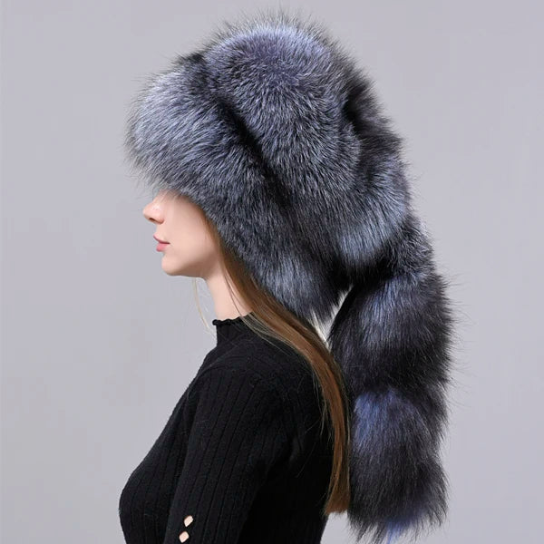 Natural Fox Fur Russian Hat Ushanka Women Winter Warm Fluffy Popular Style Female Tail Cap Fashion Real Fur Hats