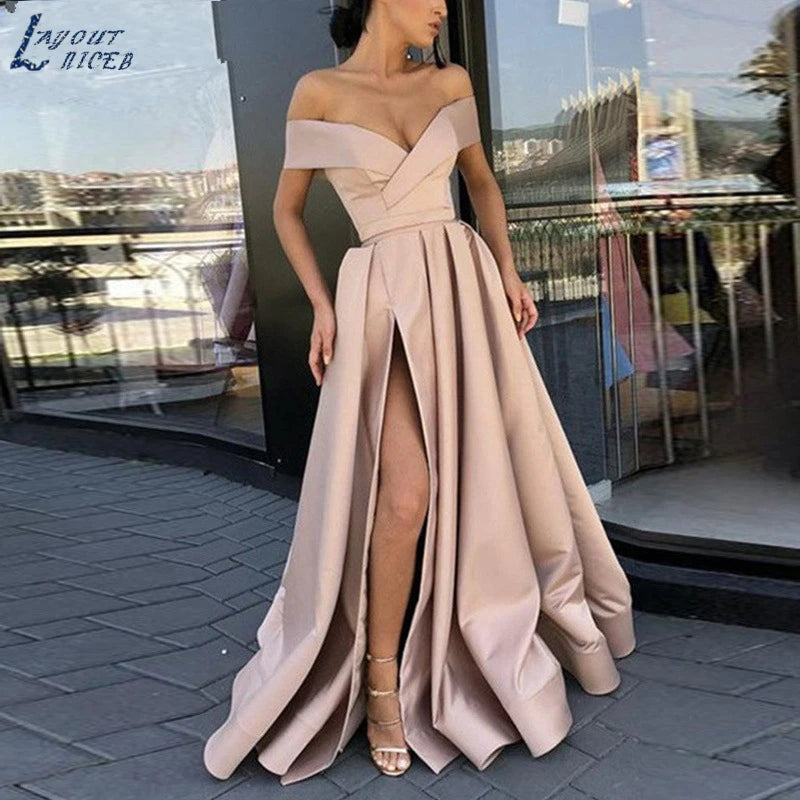 Fashion Solid Strapless Backless Maxi Dress New Women Elegant High Slit Party Dress Summer Fluffy Ruffle A-Line Dresses Clubwear