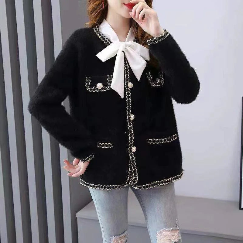 Autumn Winter Thick Mink Cashmere Sweater Women Cardigan Korean Loose Short Long Sleeve Big Pocket Knitted Jacket Coat Female