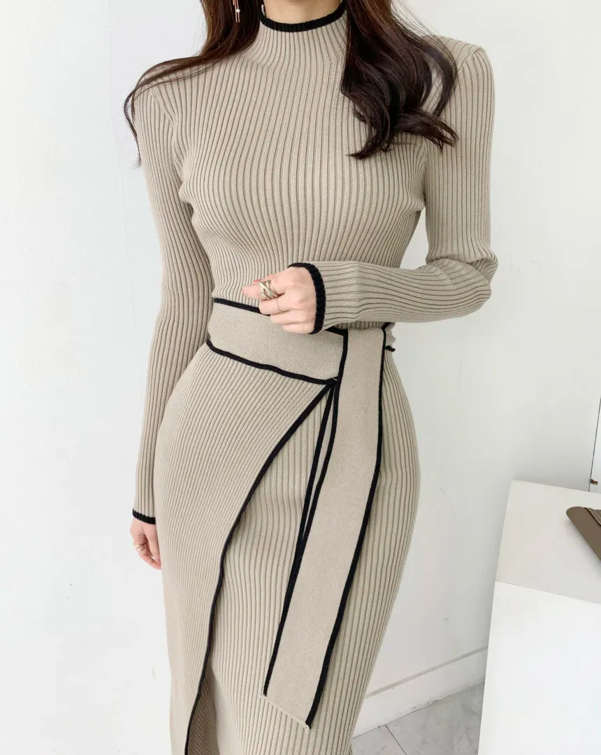 New Retro Knitted Bodycon Dress Women Korean Fashion Autumn Winter Half High Collar Lace Up Elegant Sweater Dresses Vestidos