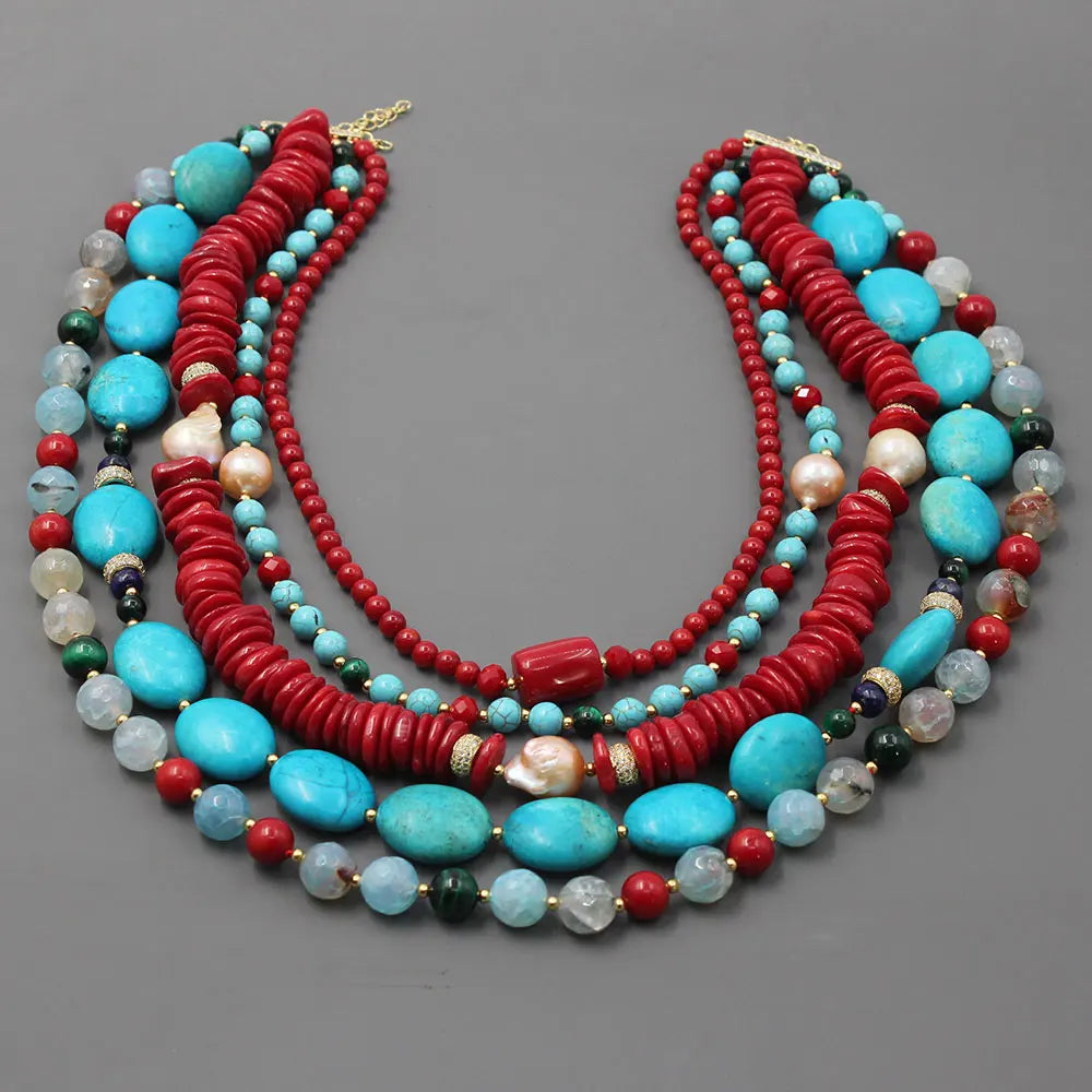 GG 5 Rows Freshwater Keshi Pearl Howlite Rondelle Tiger eye Red Coral Lapis Crystal Statement Necklace Handmade For Women - KIMLUD