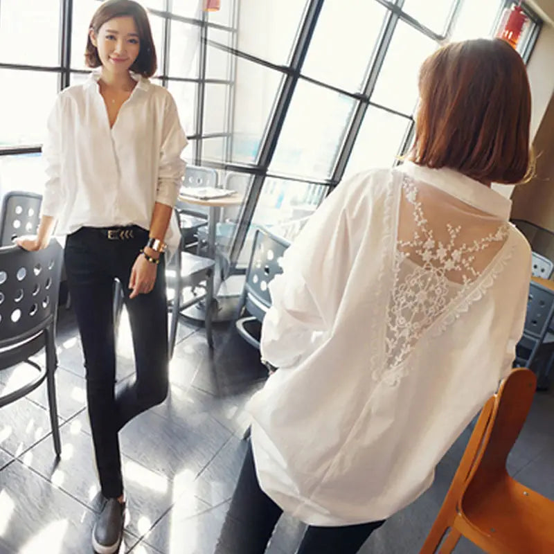 Blouse Women Shirt Women&#39;s Top Sexy Backless Lace Loose Large Size White Shirt Blusas Ropa De Mujer - KIMLUD