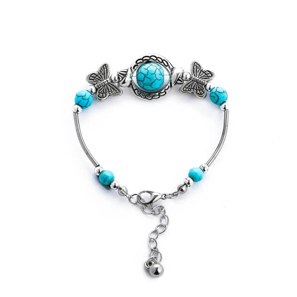 Gypsy Tribal Tibetan Bracelet for Women Boho Vintage Silvery Men's Turquoise Elastic Bangle Afghan Turkish Ethnic Indian Jewelry - KIMLUD