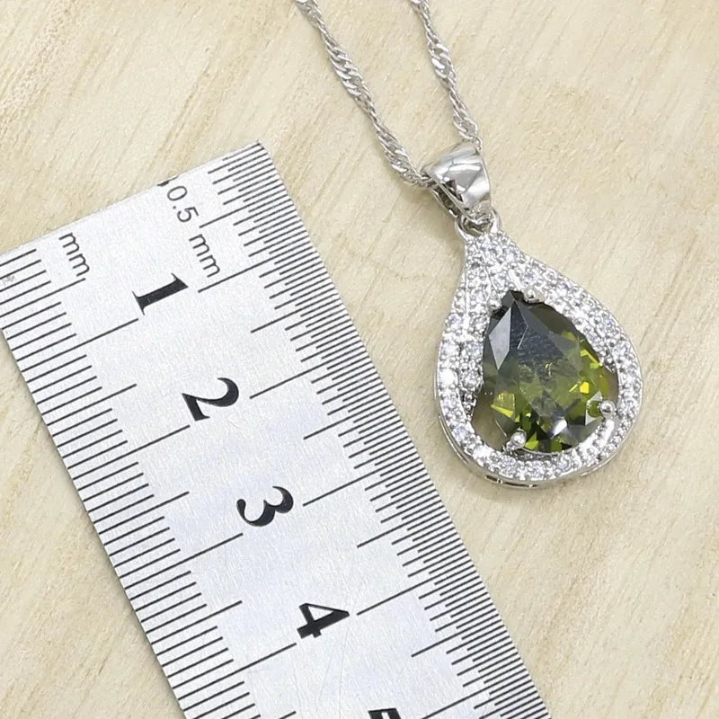 New Green Peridot Zircon Silver 925 Jewelry Set Women Bracelet Earrings Necklace Pendant Ring Birthday Gift