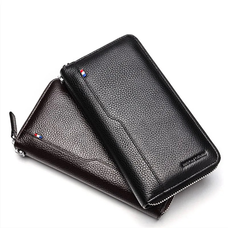 BISON DENIM 100% Cow Leather Clutch Wallets for Men RFID Blocking Card Holder Wallet Coin Purse Long Phone Wallet W8226