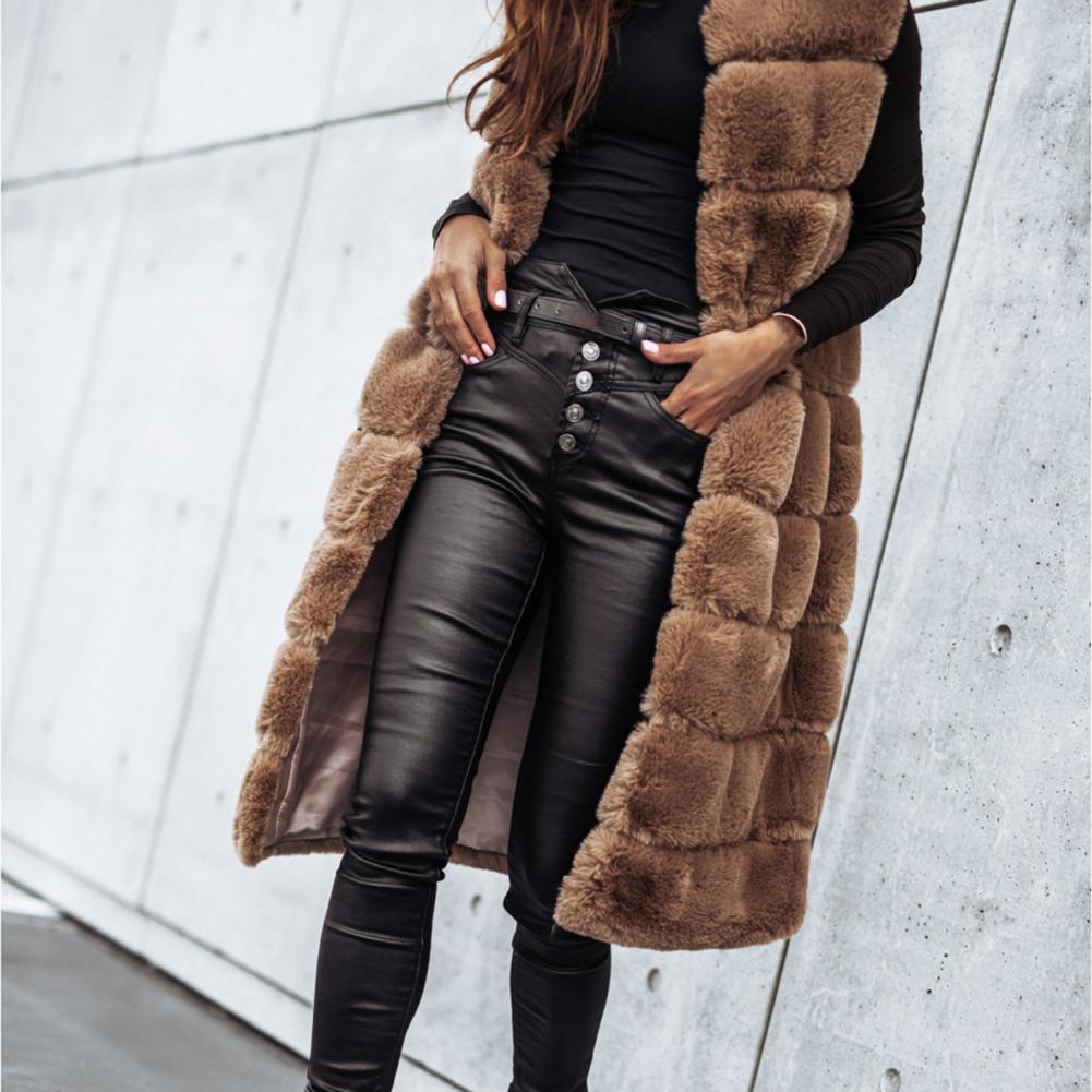 Autumn Winter Women Jacket Vest Solid Color Round Neck Faux Fur Coat Thick Crew Neck Outerwear Plush Jacket for Women