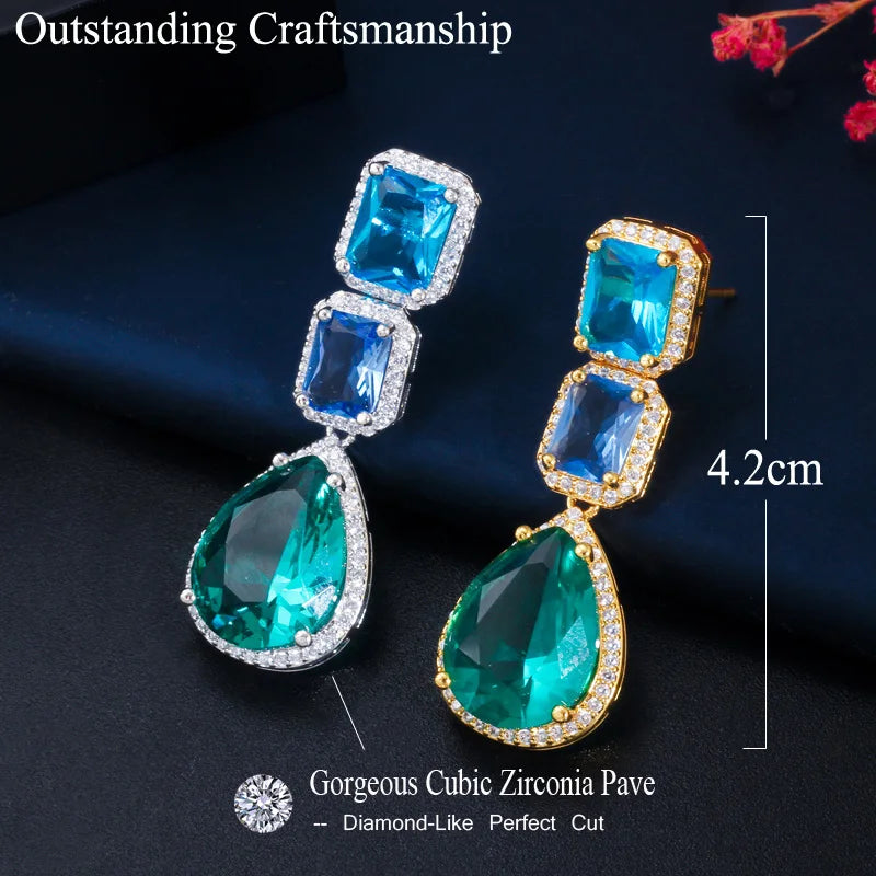 CWWZircons Unique Designer Big Long Water Drop Blue Crystal Cubic Zirconia Bohemian Earrings Jewelry Accessories for Women CZ729