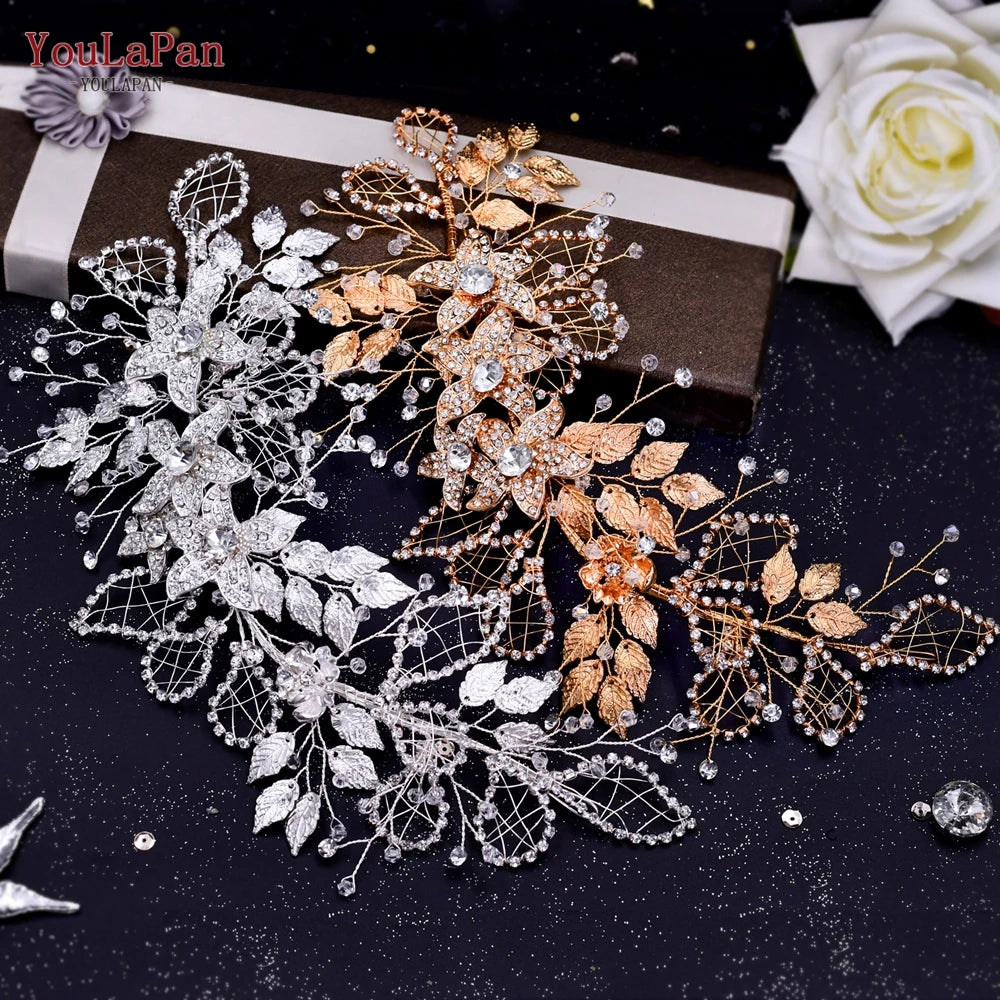 YouLaPan HP282 Wedding Headband Alloy Flower Leaf Hair Tiara Rhinestone Headpiece Bridal Headwear Hair Accessories Head Jewelry