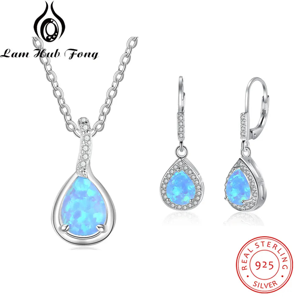 925 Sterling Silver Jewelry Sets for Women Cubic Zirconia Blue Opal Bracelet Earrings Chain Necklace Jewelry Sets (Lam Hub Fong)