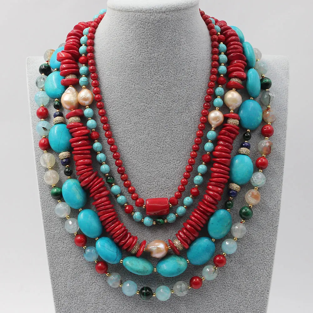 GG 5 Rows Freshwater Keshi Pearl Howlite Rondelle Tiger eye Red Coral Lapis Crystal Statement Necklace Handmade For Women - KIMLUD