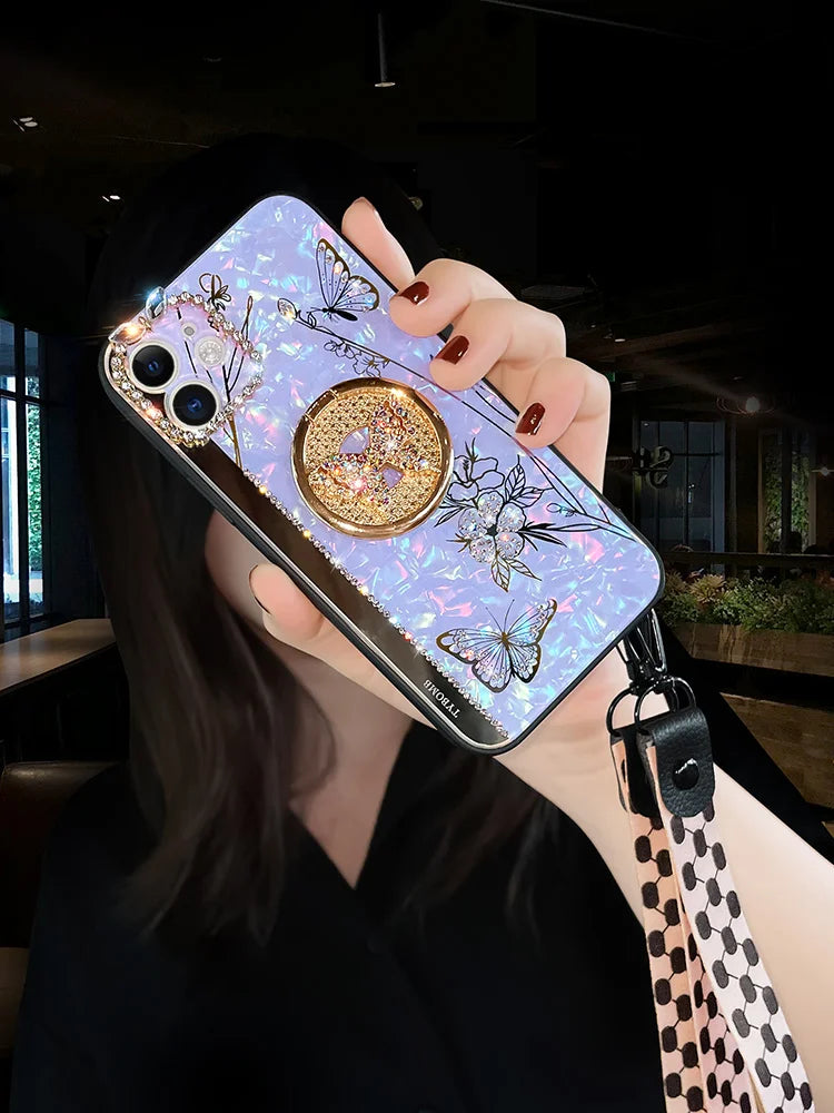 Luxury Glitter Diamond Mirror Butterfly Holder Phone Case For iPhone 15 14 13 12 11 Pro Max X XR XS 7 8 Plus Lanyard Bling Cover