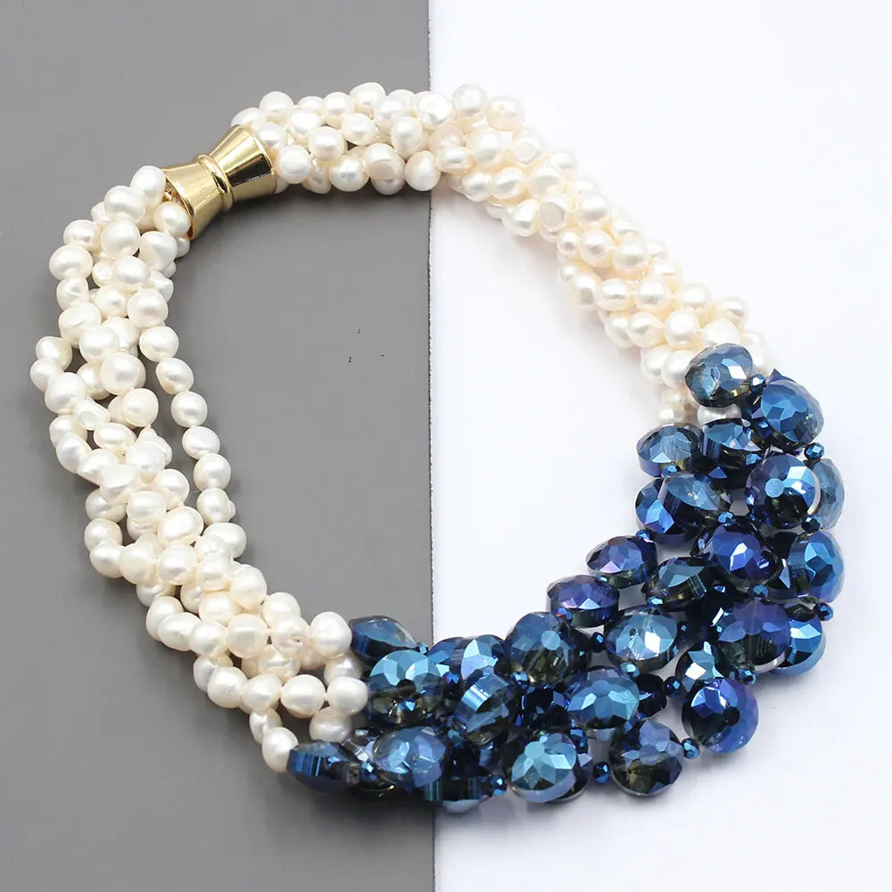 GuaiGuai Jewelry 5 Rows Natural White Keshi Potato Pearl Coin Blue Glass Crytal Necklace Handmade For Lady - KIMLUD