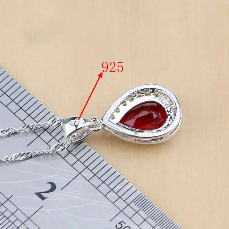 Water Drop Silver 925 Jewelry Red Ruby White Topaz Jewelry Sets Women Long Earrings/Pendant/Necklace/Rings/Bracelet Dropshipping - KIMLUD