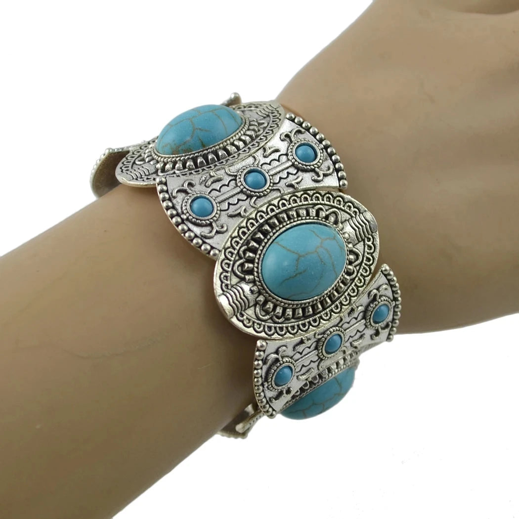 Gypsy Tribal Tibetan Bracelet for Women Boho Vintage Silvery Men's Turquoise Elastic Bangle Afghan Turkish Ethnic Indian Jewelry - KIMLUD