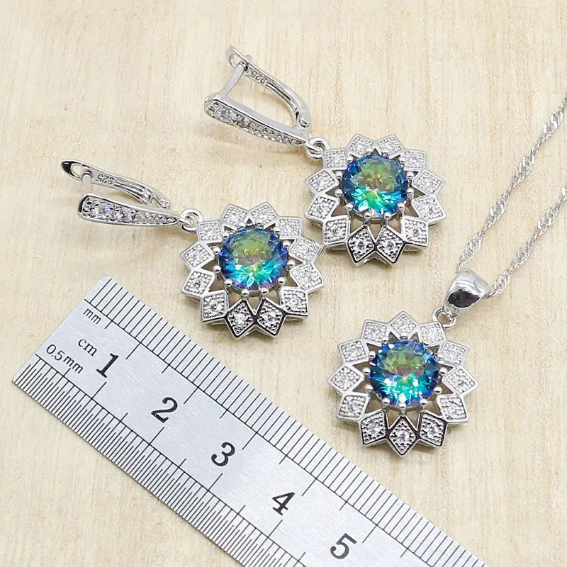 Classic Rainbow Zircon Necklace Earrings Sets For Women 925 Silver Ring Pendants Bracelets Rainbow Wedding Jewelry Sets