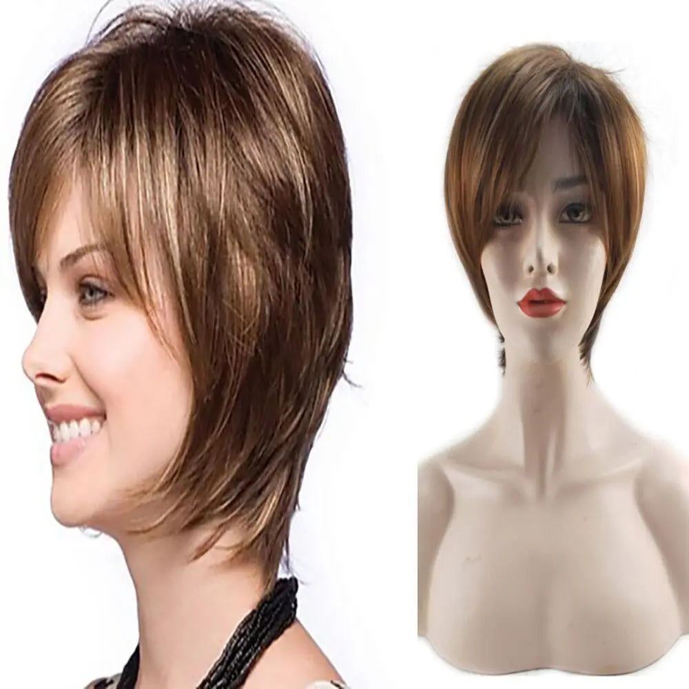 HAIRJOY Women Straight Bangs Style Pixie Cut Synthetic Hair Wig Brown Mixed Short Wigs Machine Made