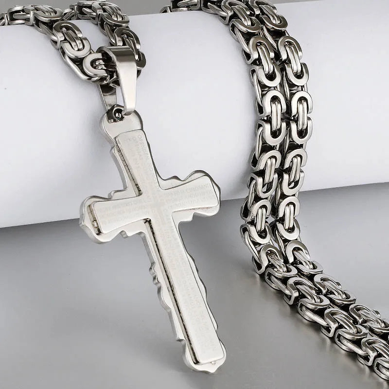 Religious Men Stainless Steel Crucifix Cross Pendant Necklace Heavy Byzantine Chain Necklaces Jesus Christ Holy Jewelry Gifts