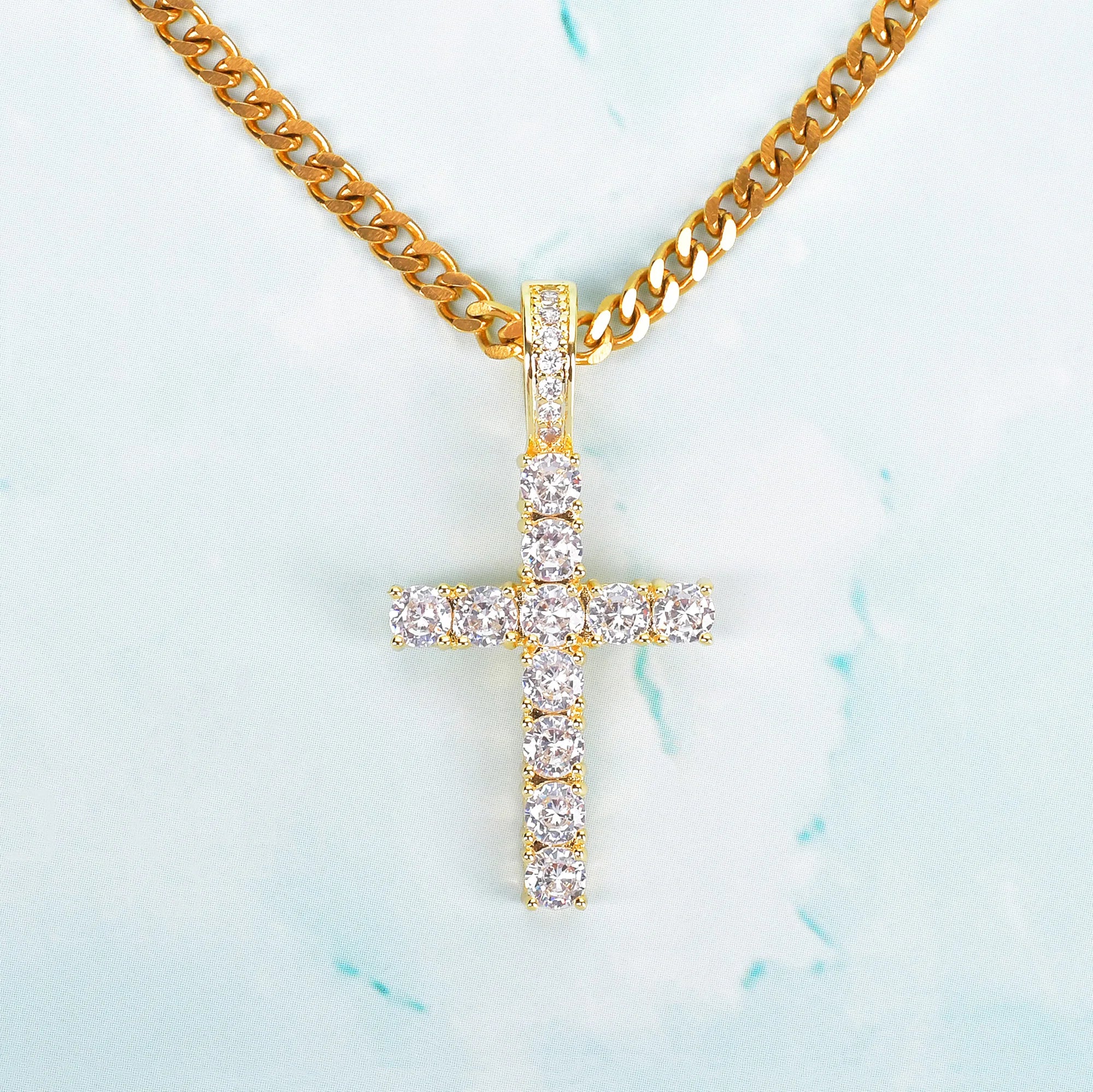 Gold Color Zircon Cross Pendant For Men Women Plated Hip Hop Rock Street Iced CZ Necklace  Jewelry