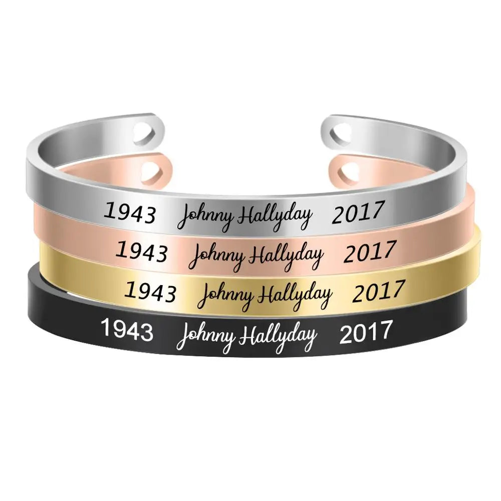 Three Colors Customized 6MM Bangle Personalize French Rocker Johnny Hallyday Memorial Stainless Steel Bracelets & Bangles SL-068 - KIMLUD