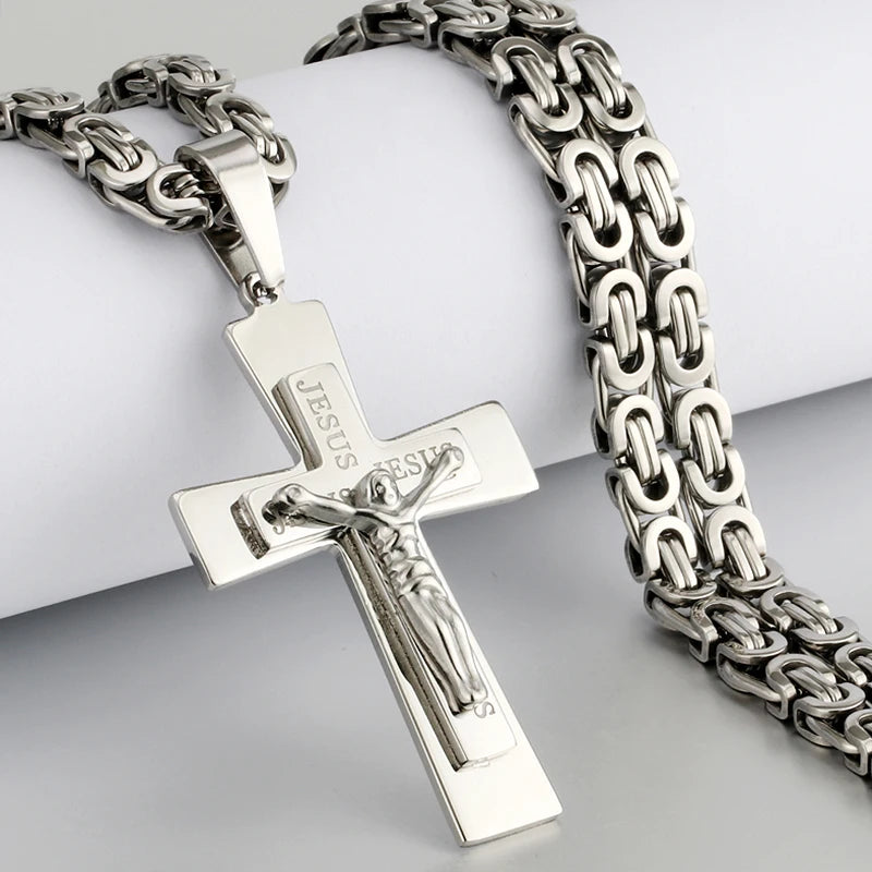 Religious Men Stainless Steel Crucifix Cross Pendant Necklace Heavy Byzantine Chain Necklaces Jesus Christ Holy Jewelry Gifts