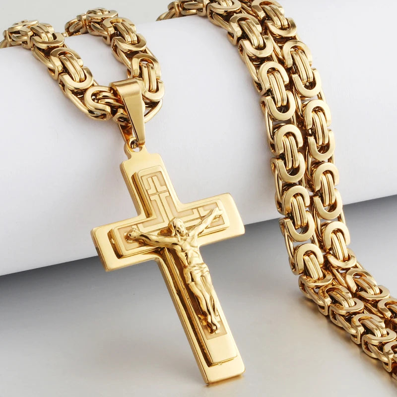 Religious Men Stainless Steel Crucifix Cross Pendant Necklace Heavy Byzantine Chain Necklaces Jesus Christ Holy Jewelry Gifts