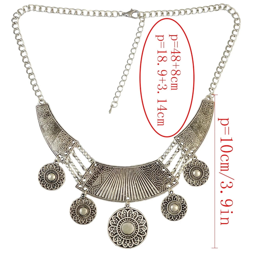 Bohemian Vintage Tibatan Silvery Alloy Carved Flower Round Plates Coins Choker Necklace for Women Gypsy Ethnic Necklaces Jewelry