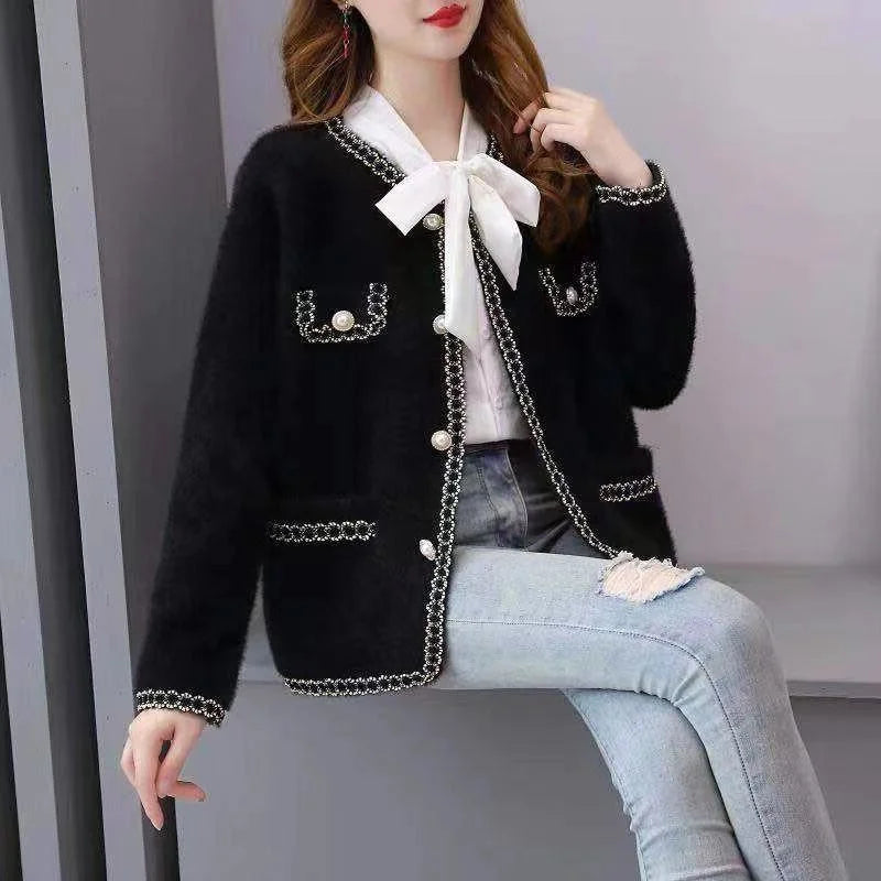 Autumn Winter Thick Mink Cashmere Sweater Women Cardigan Korean Loose Short Long Sleeve Big Pocket Knitted Jacket Coat Female