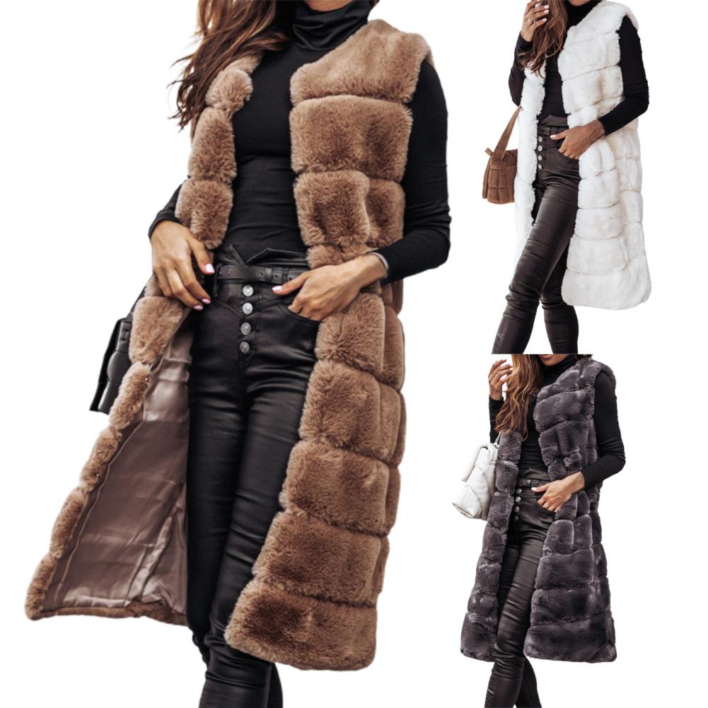 Autumn Winter Women Jacket Vest Solid Color Round Neck Faux Fur Coat Thick Crew Neck Outerwear Plush Jacket for Women