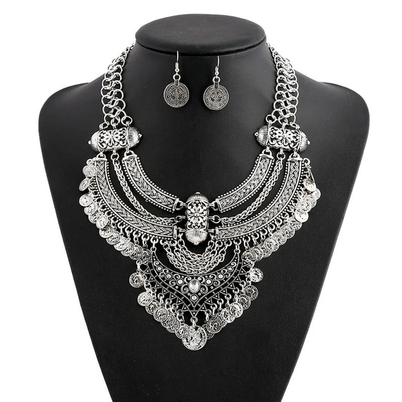 Fashion Choker Collar Jewelry Sets For Women Coin Tassel Ethnic Gypsy Bohemian Statement Collier Necklaces Drop Dangle Earrings