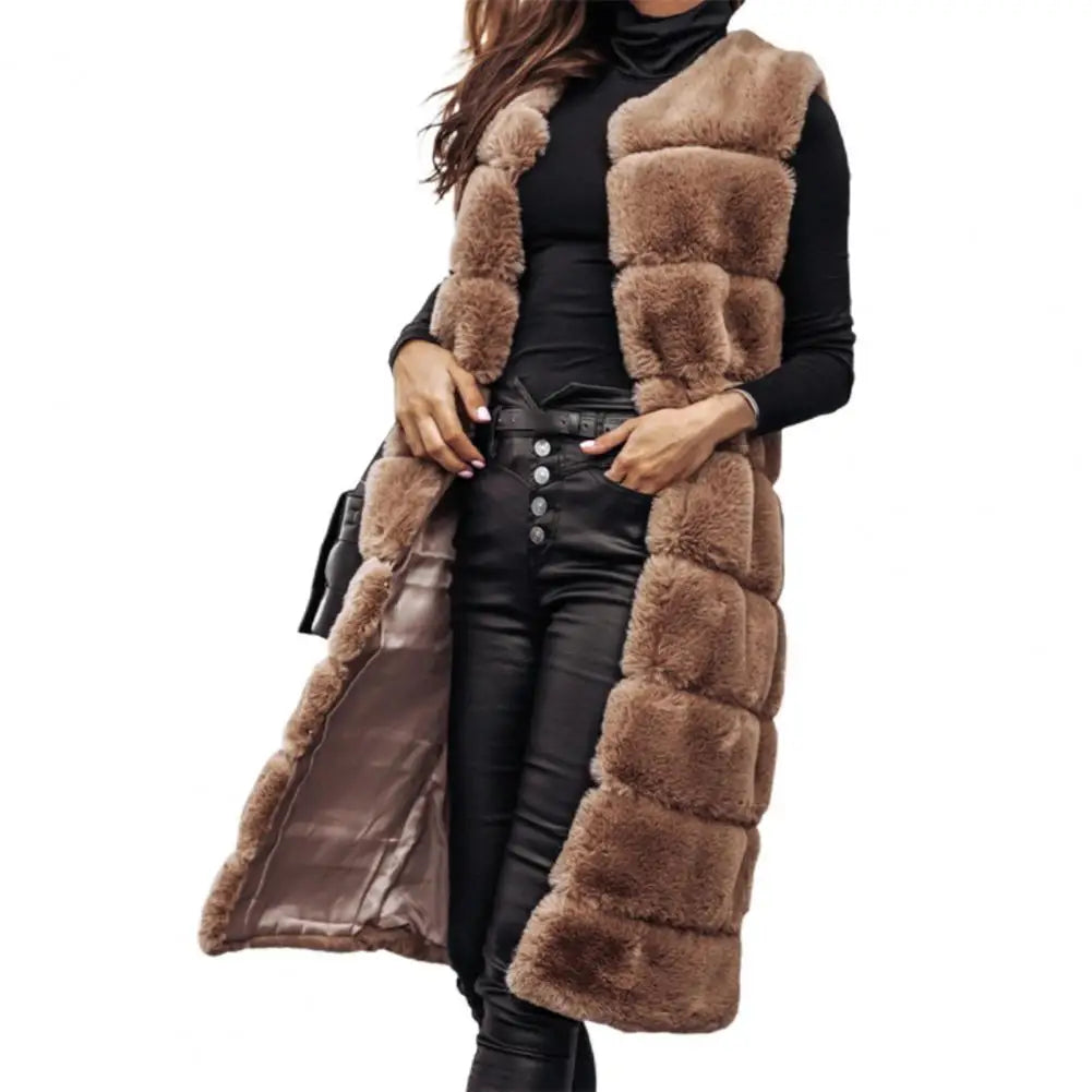 Autumn Winter Women Jacket Vest Solid Color Round Neck Faux Fur Coat Thick Crew Neck Outerwear Plush Jacket for Women - KIMLUD