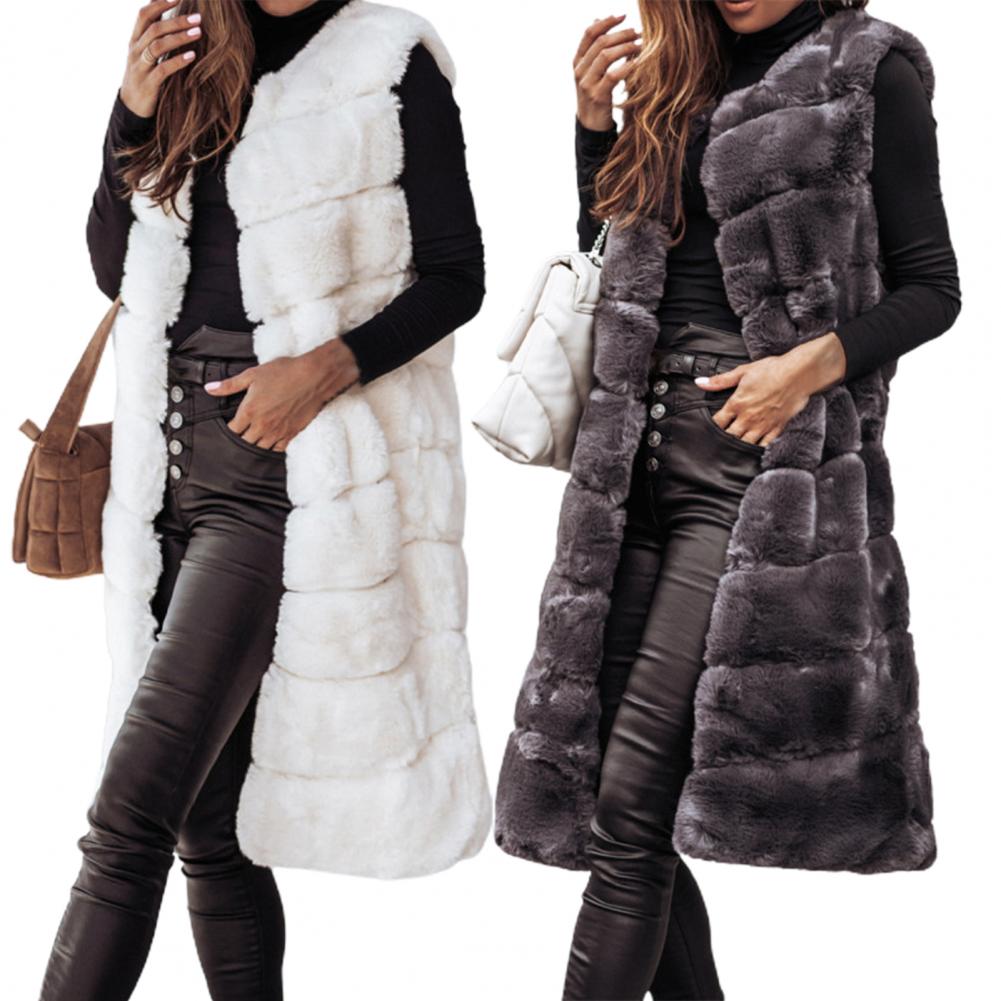 Autumn Winter Women Jacket Vest Solid Color Round Neck Faux Fur Coat Thick Crew Neck Outerwear Plush Jacket for Women