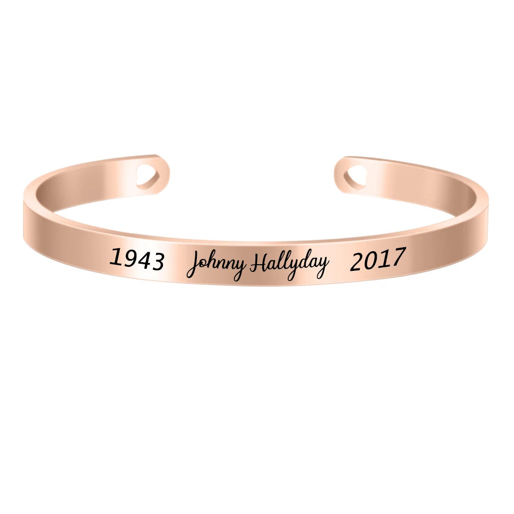 KIMLUD, Three Colors Customized 6MM Bangle Personalize French Rocker Johnny Hallyday Memorial Stainless Steel Bracelets & Bangles SL-068, rose gold, KIMLUD APPAREL - Womens Clothes